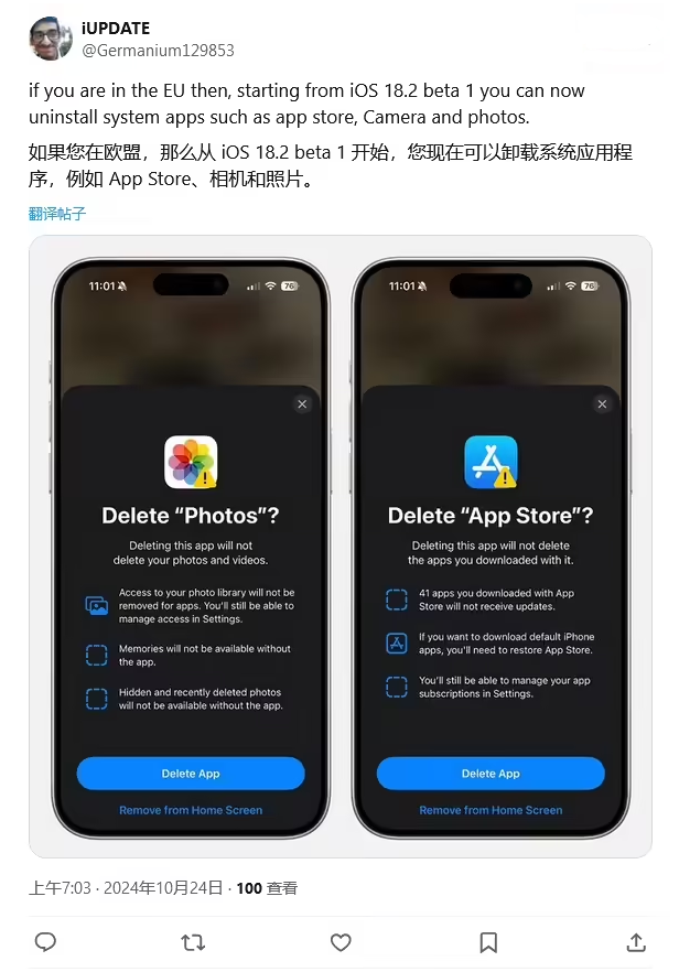 古蔺苹果手机维修分享iOS 18.2 支持删除 App Store 应用商店 